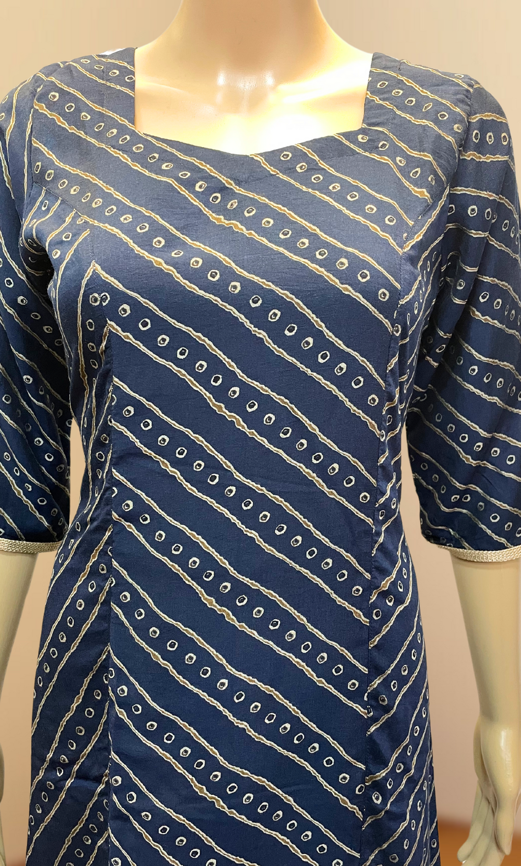Dark blue Leheriya Muslin Princess Cut Kurti