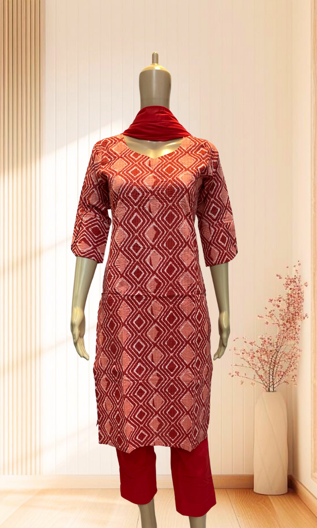 KS028 Red Geometric Pattern Cotton Kurti Set (3pc)