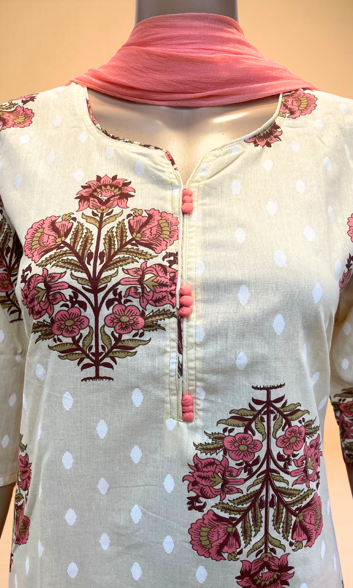 KS014 Half white Floral Motif Cotton Kurti Set (3pc)