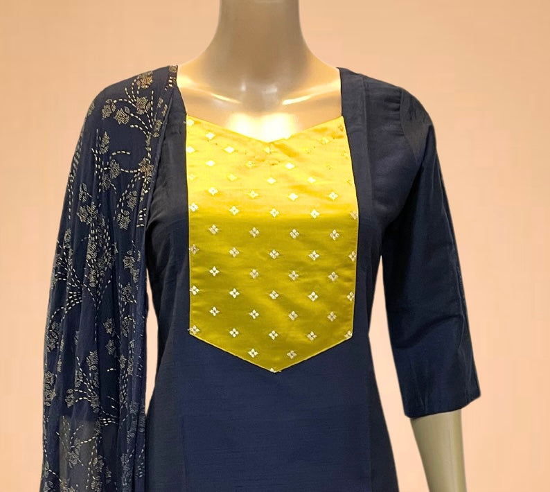 KS032 Navy Blue Slub Silk Kurti Set (3pc)