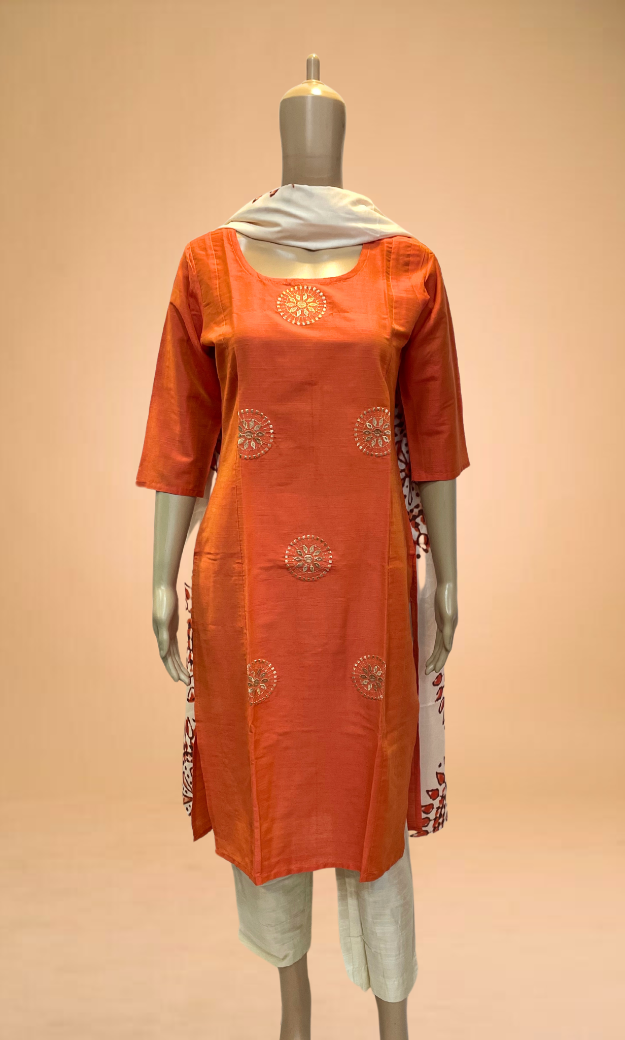 KS035 Embroidered Orange Slub Silk Kurti Set (3pc)