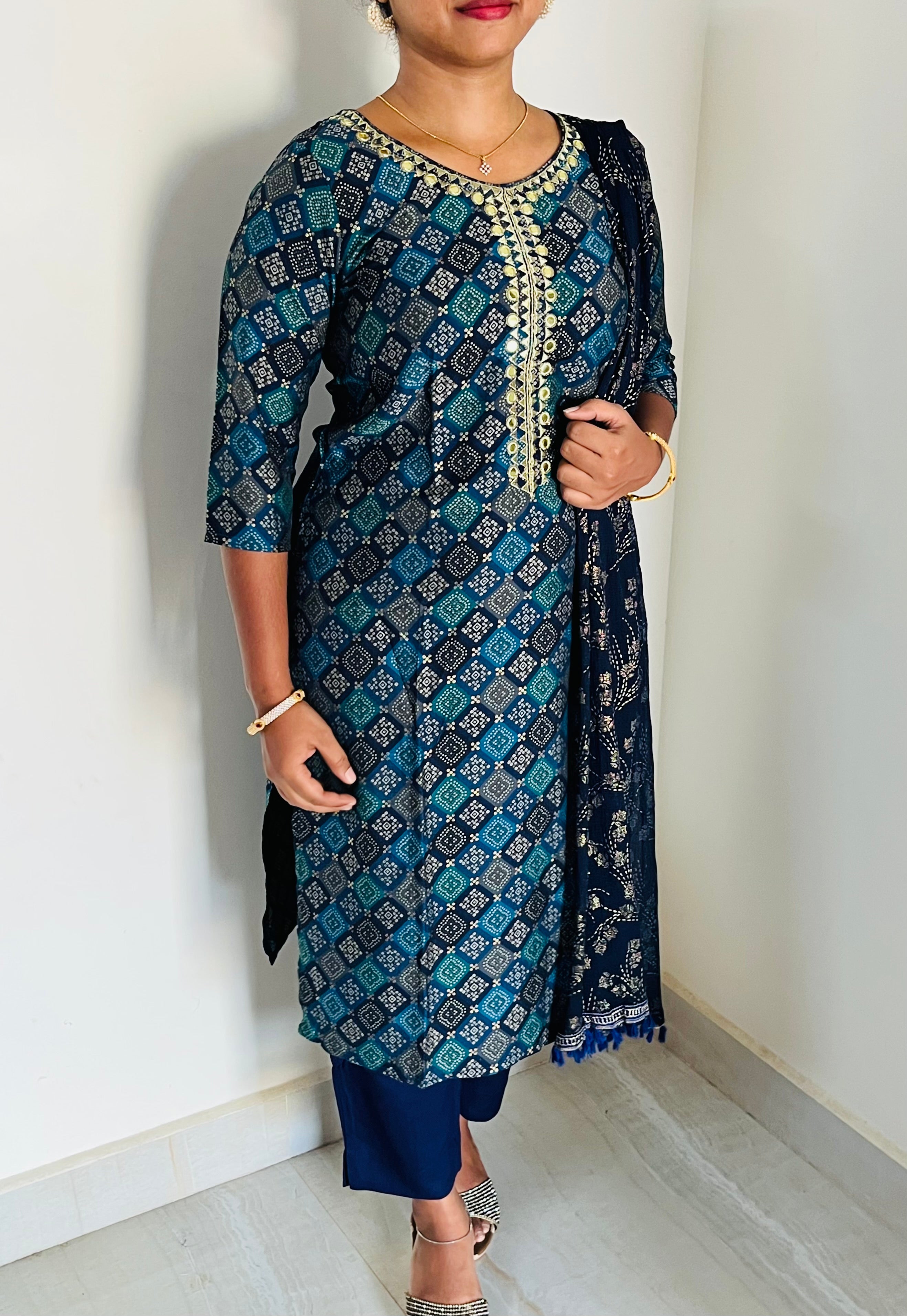 KS009 Embroidered Dark Blue Muslin Kurti Set (3pc)