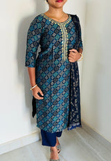KS009 Embroidered Dark Blue Muslin Kurti Set (3pc)