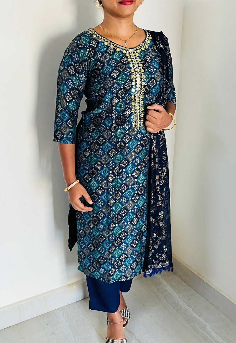 KS009 Embroidered Dark Blue Muslin Kurti Set (3pc)