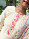 KS048 Premium Viscose Muslin Embroidered white Kurti Set (3pc)