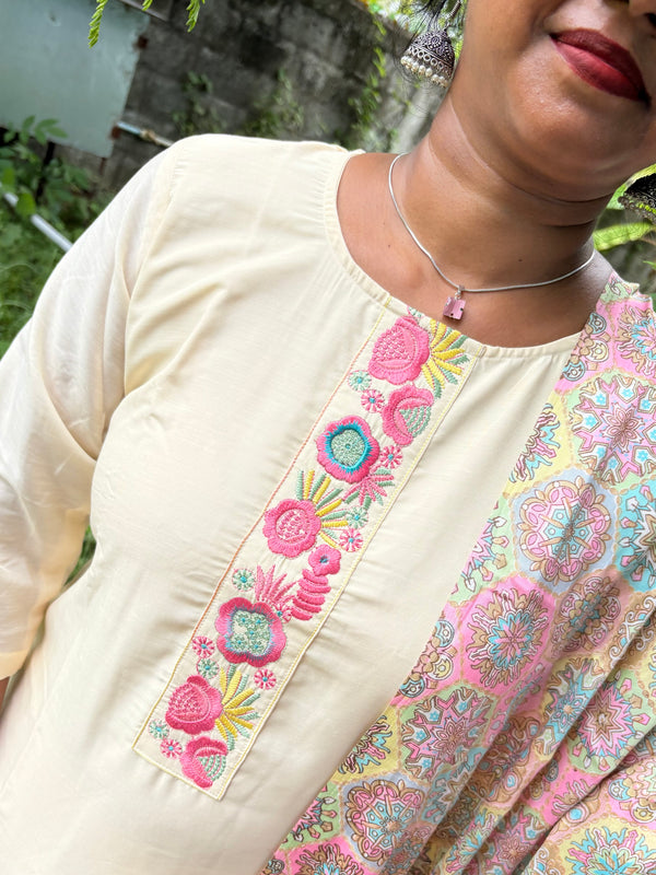 KS048 Premium Viscose Muslin Embroidered white Kurti Set (3pc)