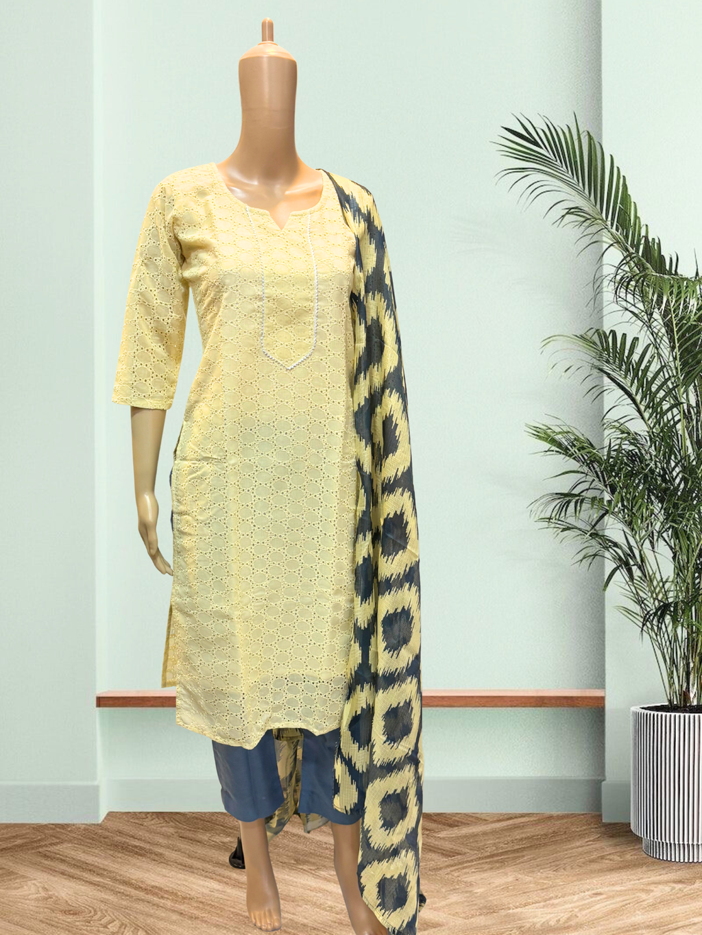 KS0055 Pure cotton hakoba yellow and grey colour Kurti Set (3 PC)