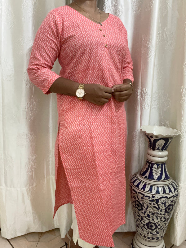 KC008 Pure Cotton Kantha Work Peach Color kurti