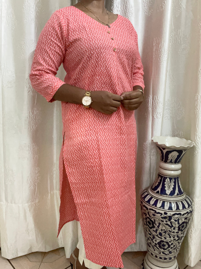 KC008 Pure Cotton Kantha Work Peach Color kurti