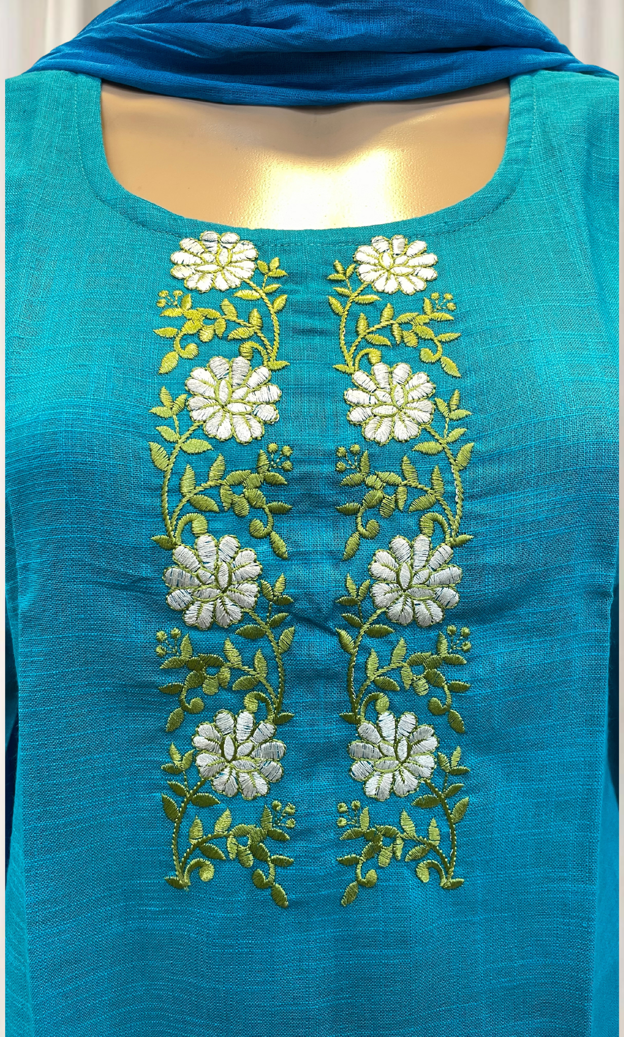 KS031 Embroidered Slub Cotton Kurti Set (3pc)