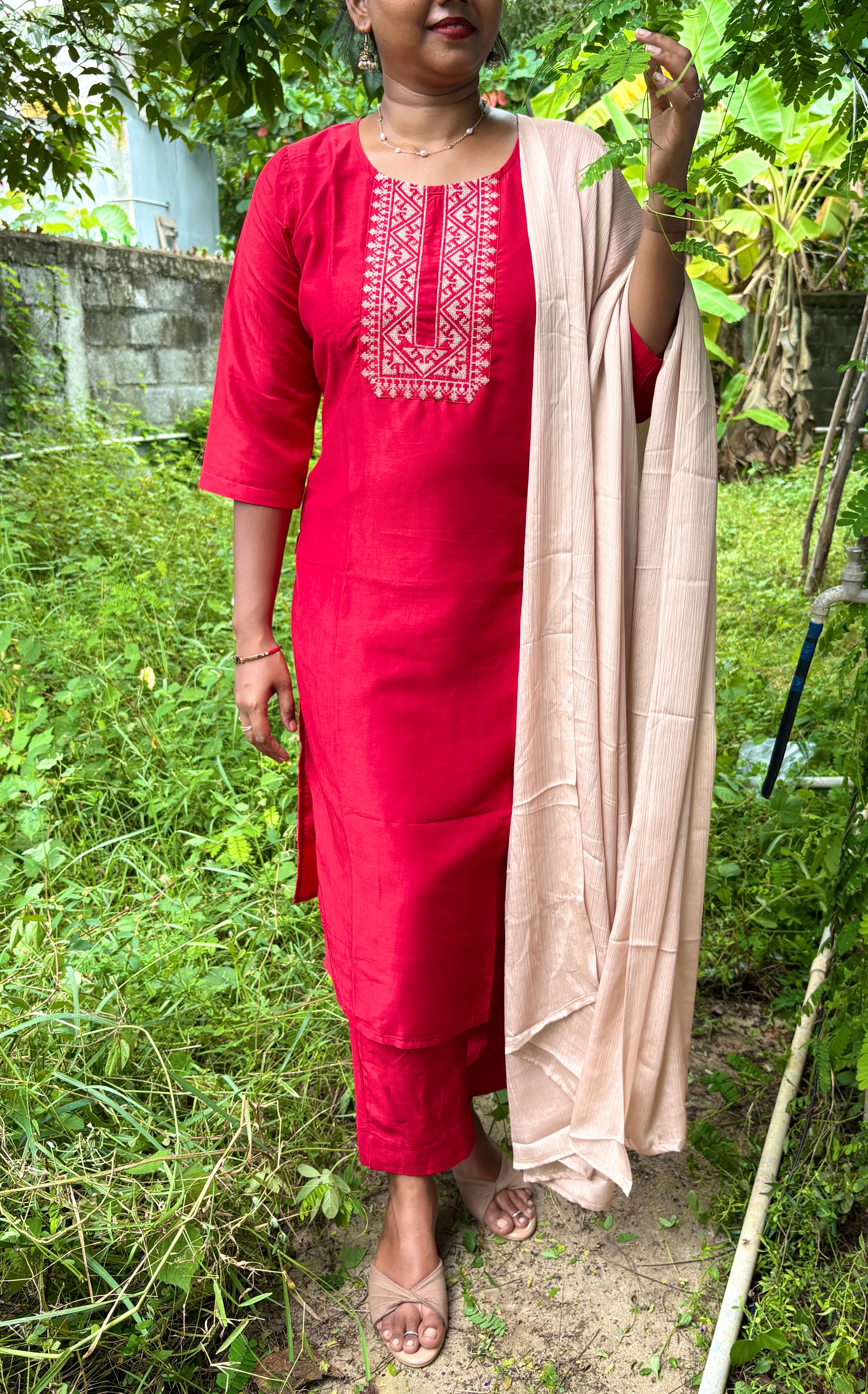 KS045 Premium Viscose Muslin Embroidered Red Kurti Set (3pc)