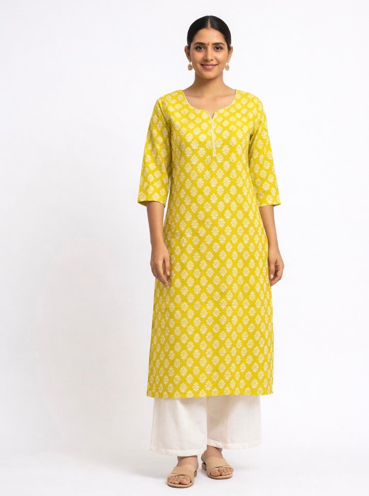 KC0043 Pure Cotton yellow with white motifs kurti