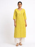 KC0043 Pure Cotton yellow with white motifs kurti