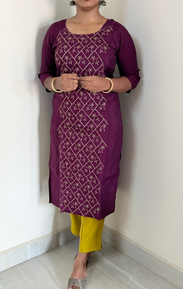 KS006 Embroidered Dark Purple Roman Silk Kurti Set (2 pc)