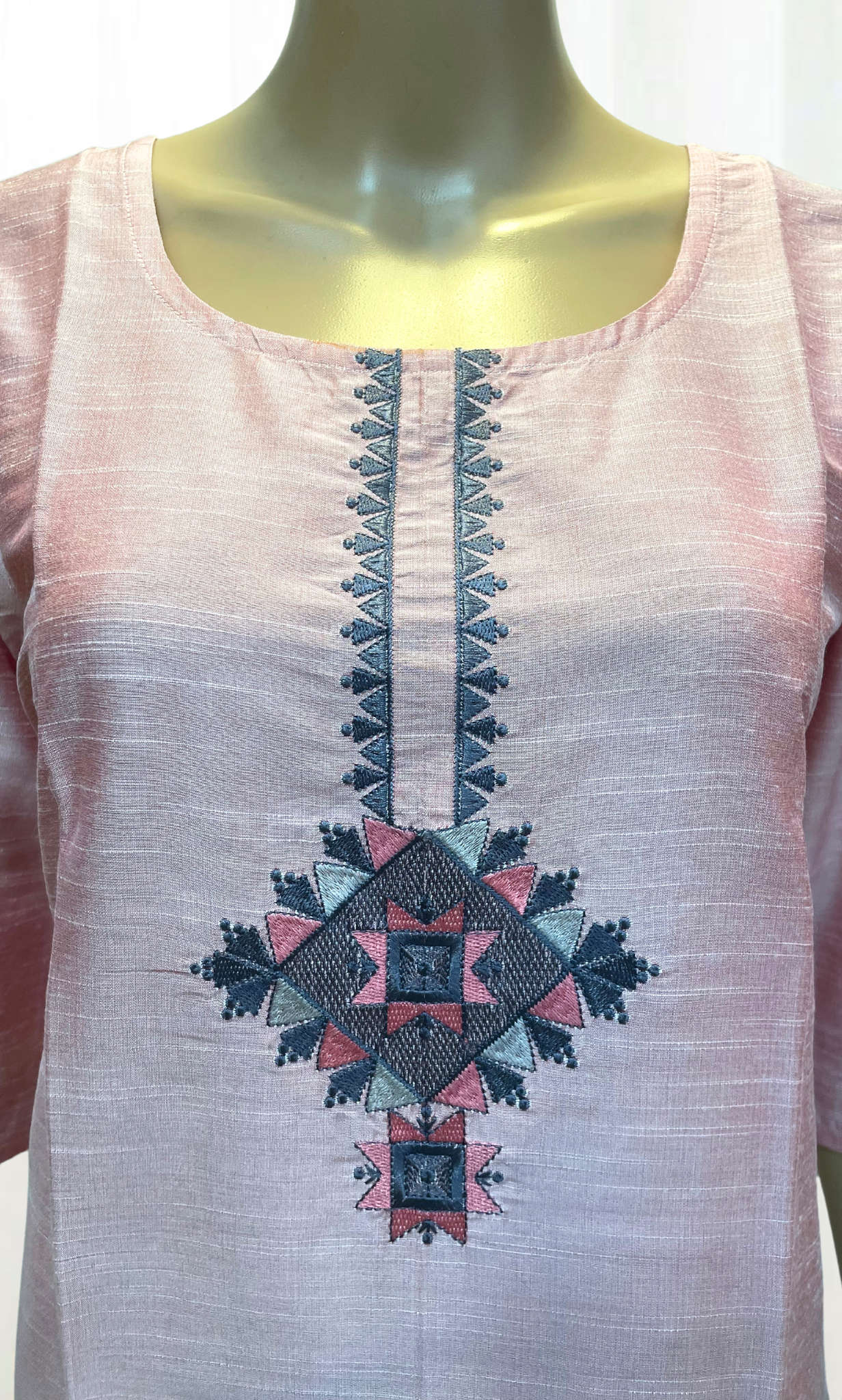 KS037 Embroidered Baby Pink Slub Silk Kurti Set (3pc)