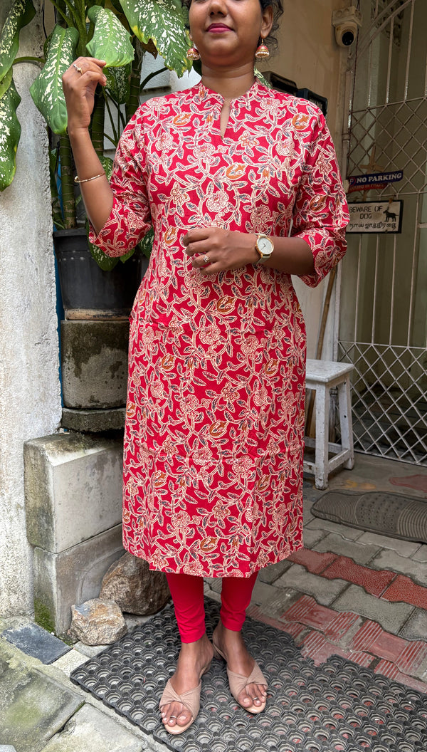 KC0010 Pure Cotton Kalamkari red Color Kurti