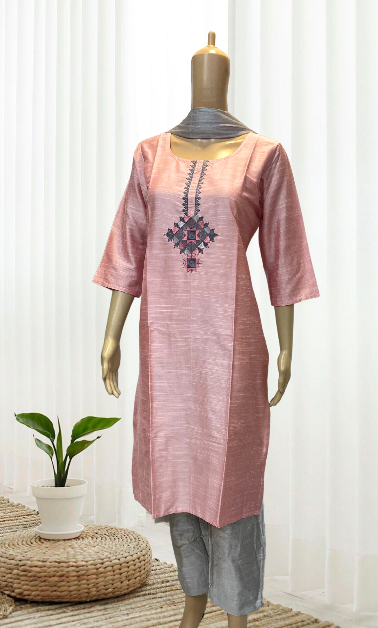 KS037 Embroidered Baby Pink Slub Silk Kurti Set (3pc)