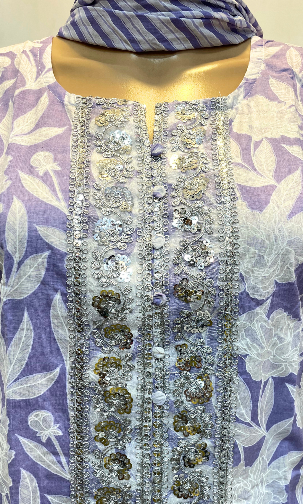 KS012 Lavendar Floral Cotton Kurti Set (3pc)