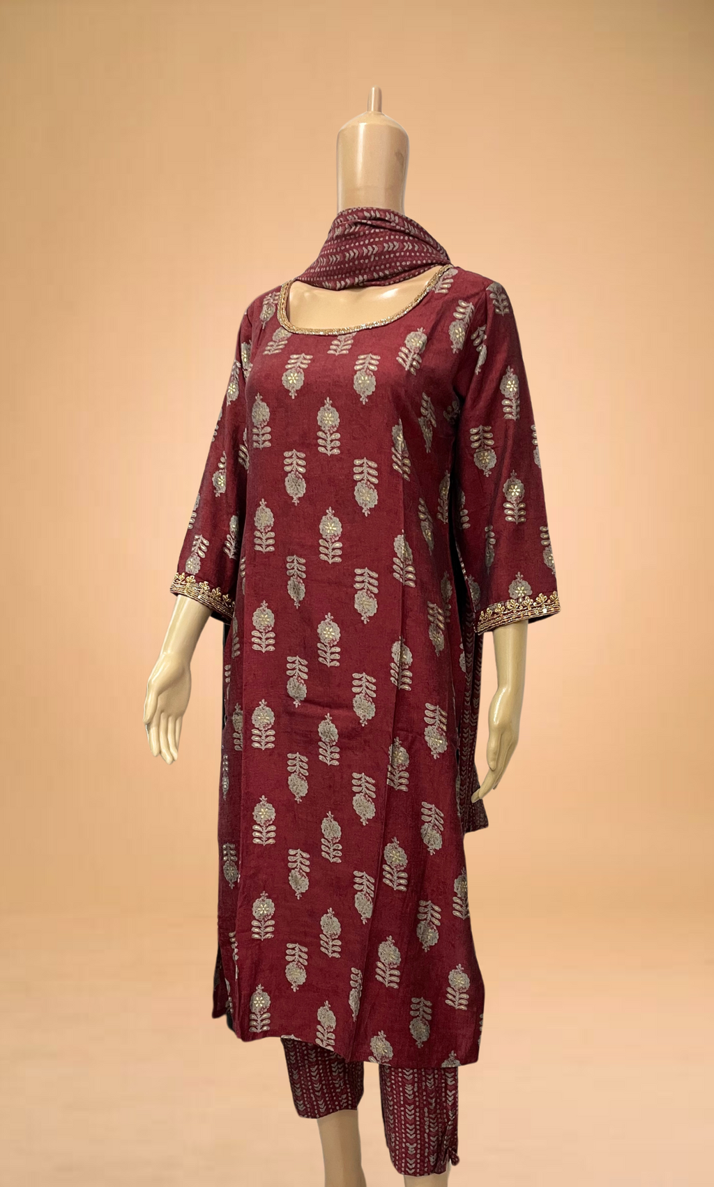 KS025 Embroidered Maroon Muslin Kurti Set (3pc)