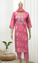 KS002 Silver Embroidered Pink Cotton Kurti Set (3pc)
