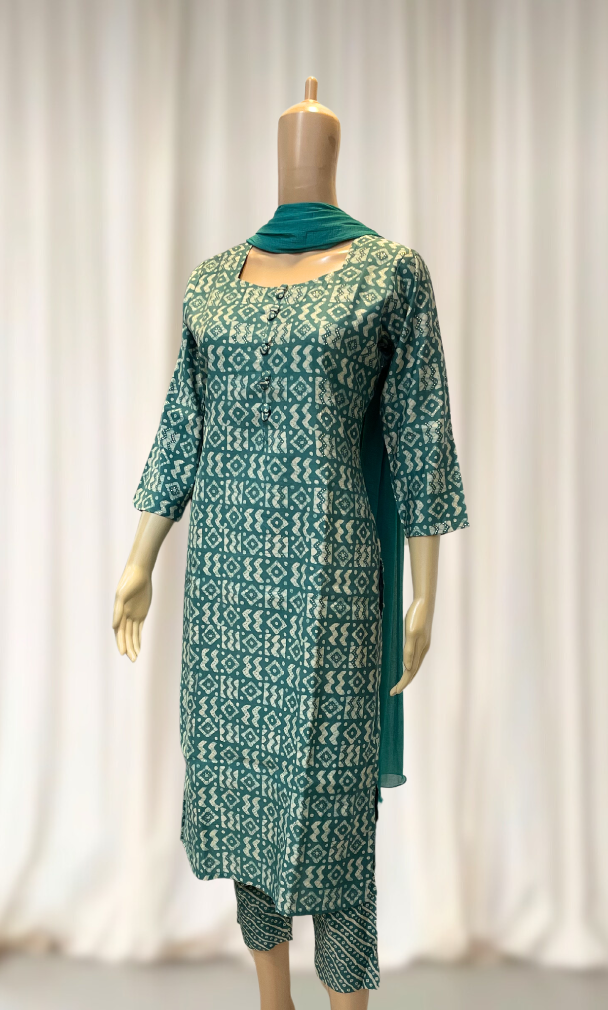 KS020 Classic Turquoise Green Chanderi Kurti Set (3pc)