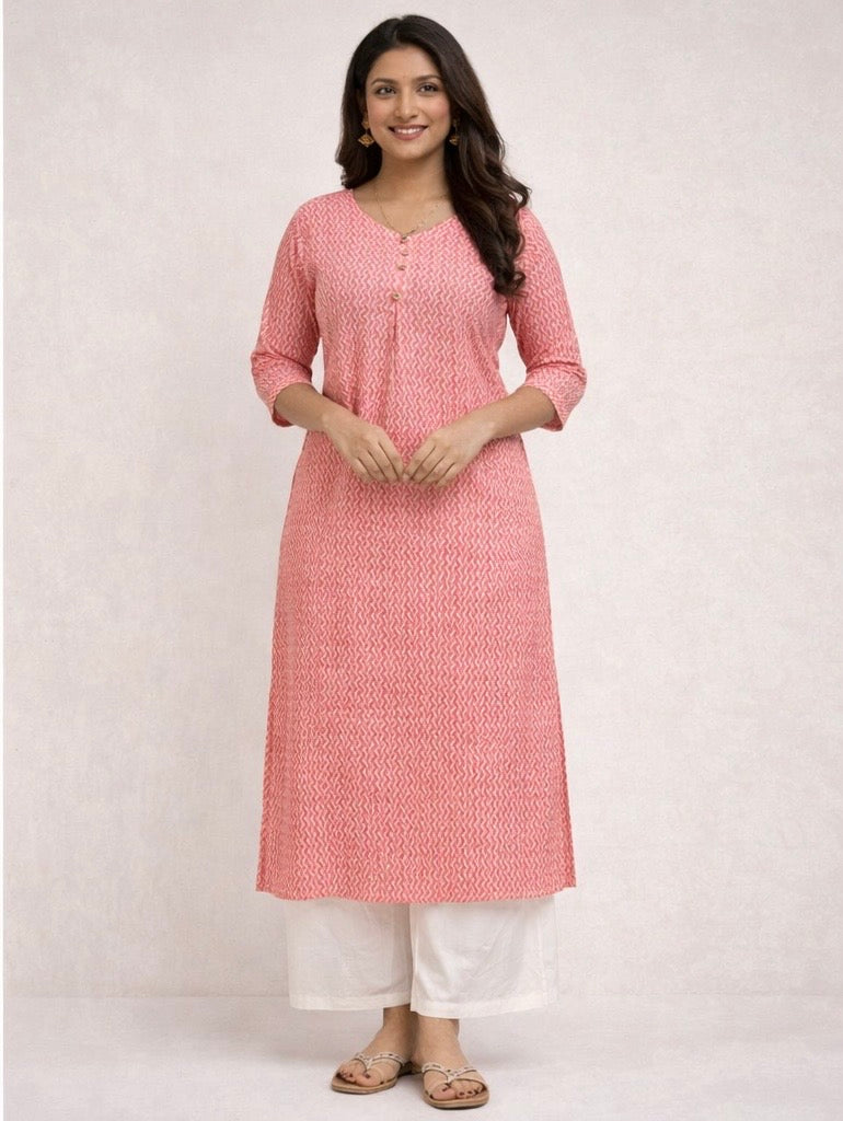 KC008 Pure Cotton Kantha Work Peach Color kurti