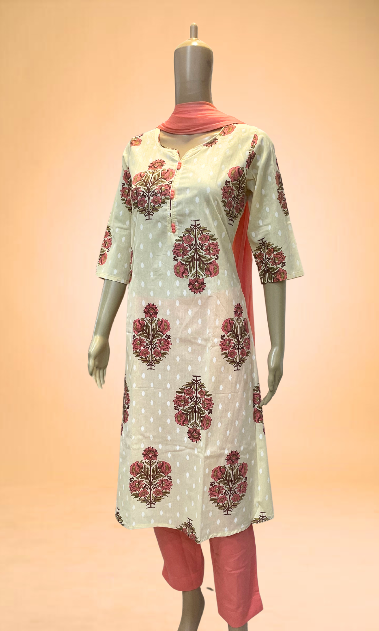 KS014 Half white Floral Motif Cotton Kurti Set (3pc)