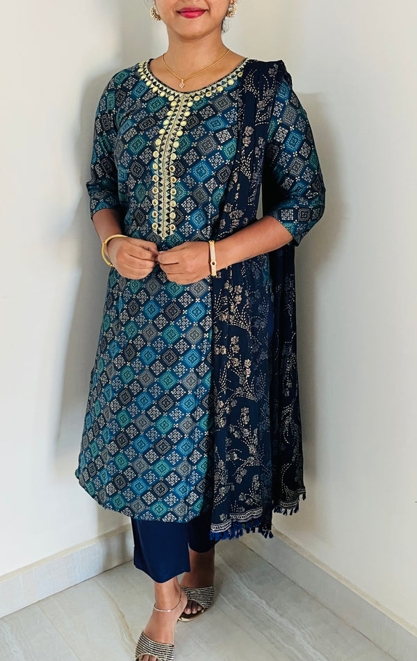 KS009 Embroidered Dark Blue Muslin Kurti Set (3pc)