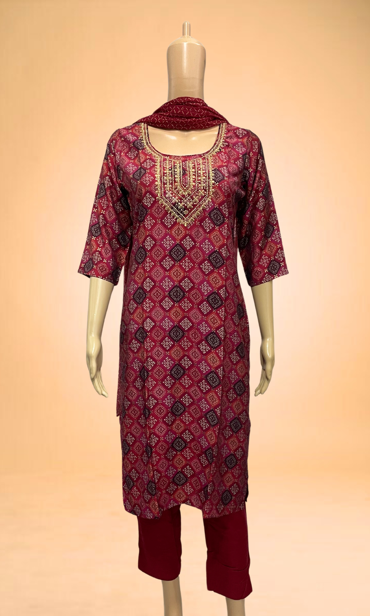 KS023 Embroidered Dark Pink Muslin Kurti Set (3pc)