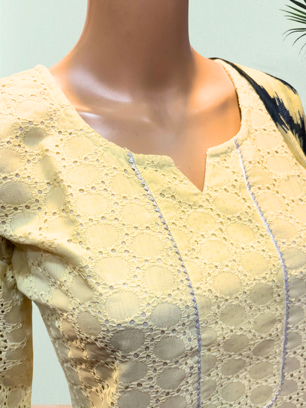 KS0055 Pure cotton hakoba yellow and grey colour Kurti Set (3 PC)
