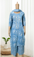 KS005 Ice Blue Embroidered cotton Kurti Set (3 PC)