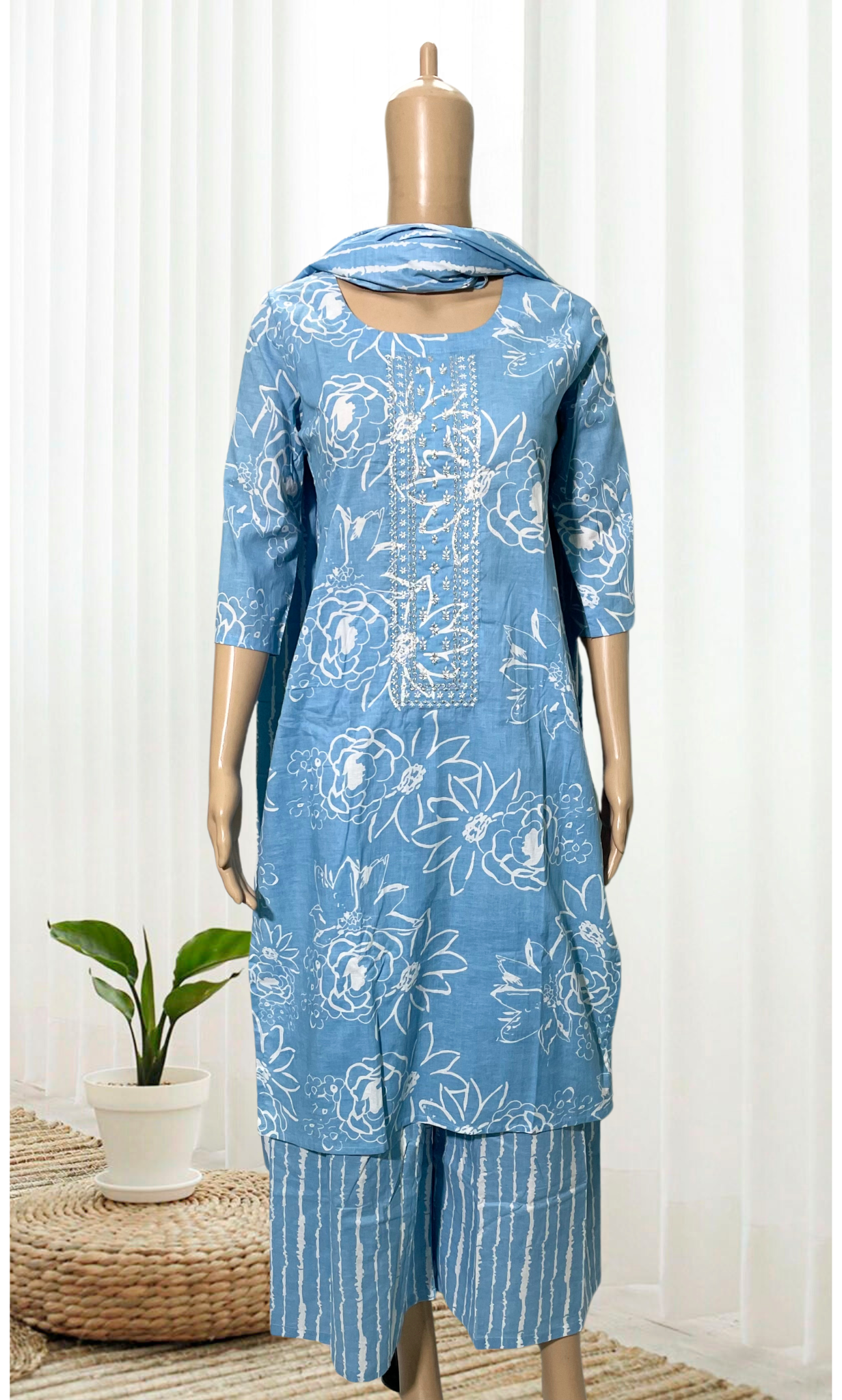KS005 Ice Blue Embroidered cotton Kurti Set (3 PC)