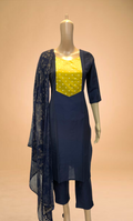 KS032 Navy Blue Slub Silk Kurti Set (3pc)