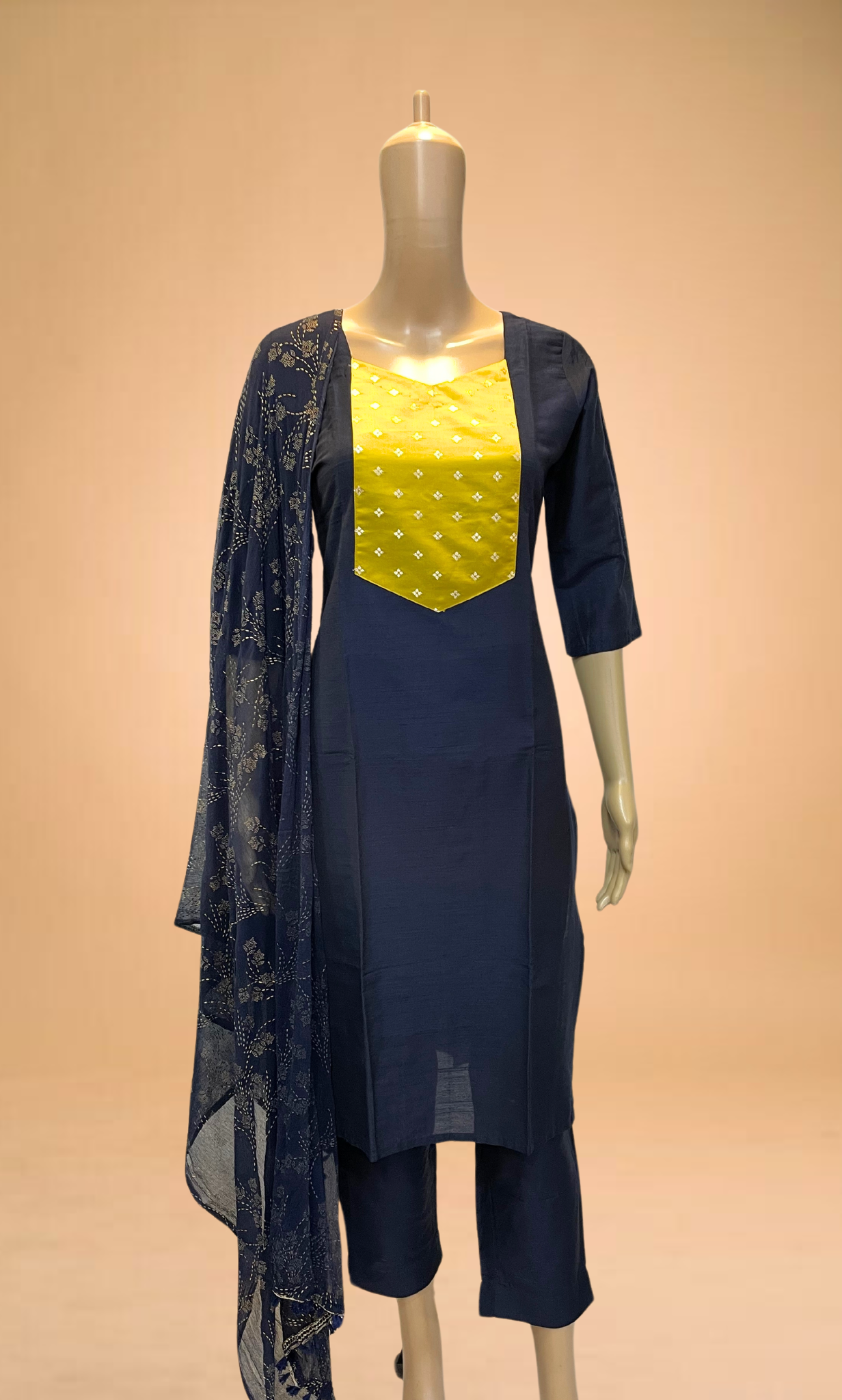 KS032 Navy Blue Slub Silk Kurti Set (3pc)