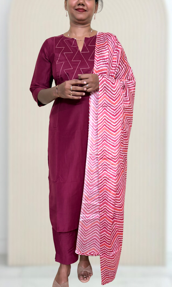 KS047 Premium Viscose Muslin Embroidered Dark wine Kurti Set (3pc)