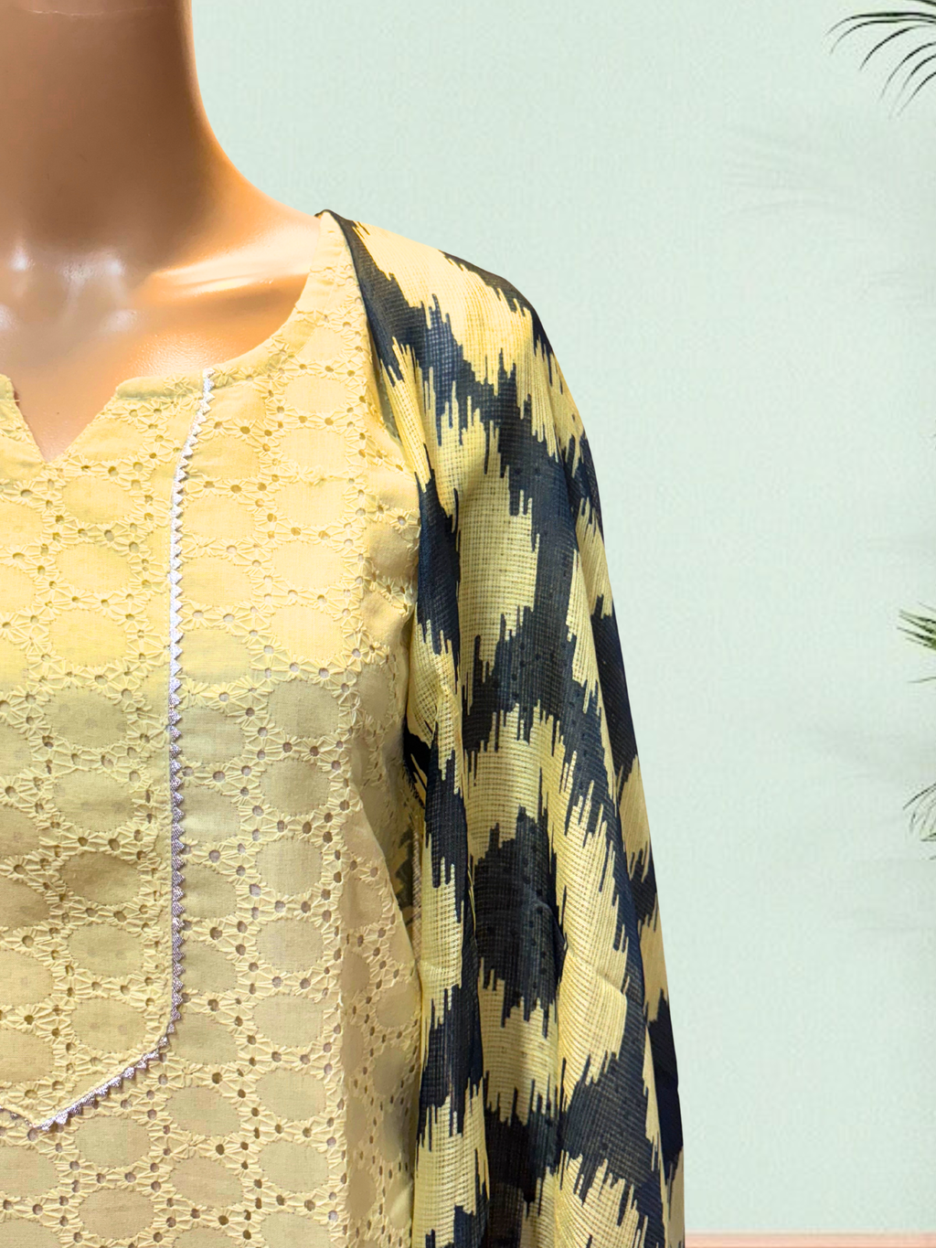 KS0055 Pure cotton hakoba yellow and grey colour Kurti Set (3 PC)