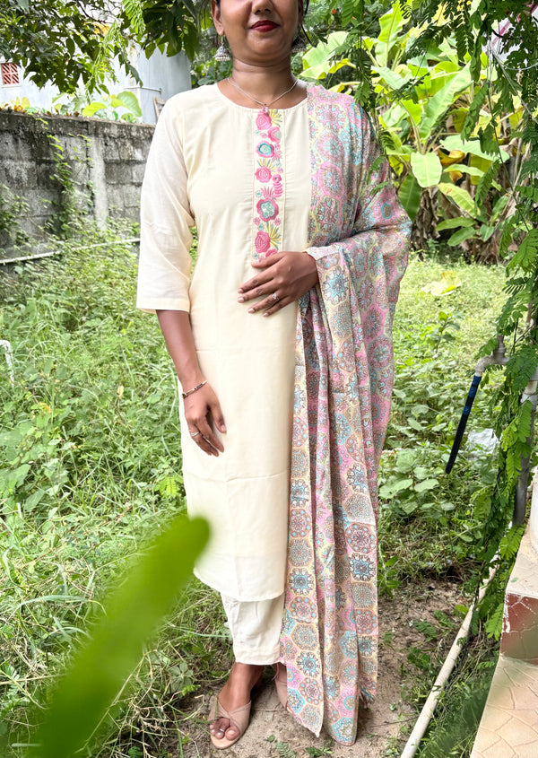 KS048 Premium Viscose Muslin Embroidered white Kurti Set (3pc)