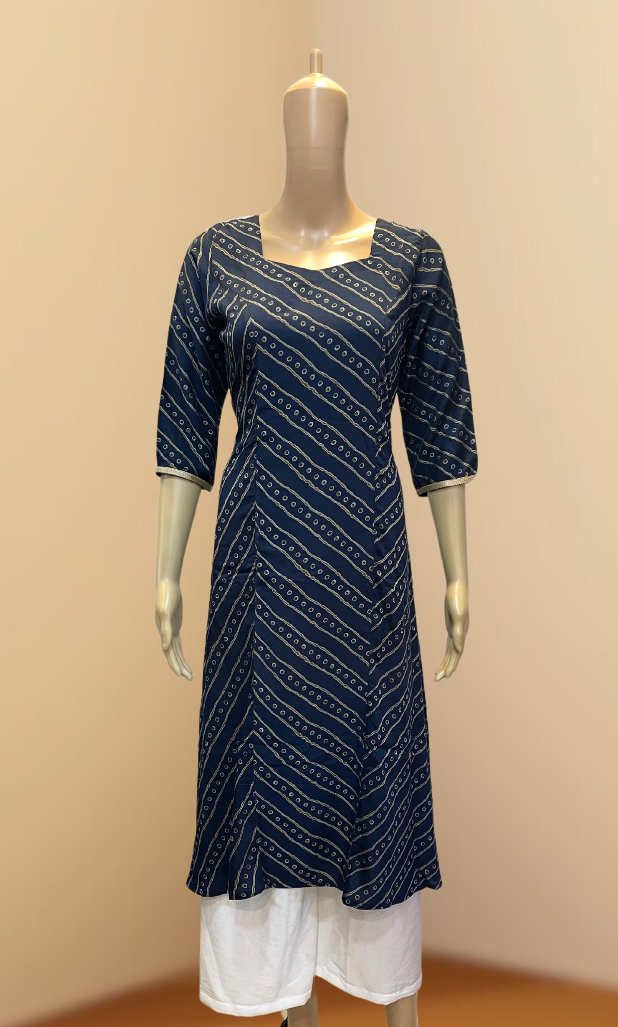 Dark blue Leheriya Muslin Princess Cut Kurti