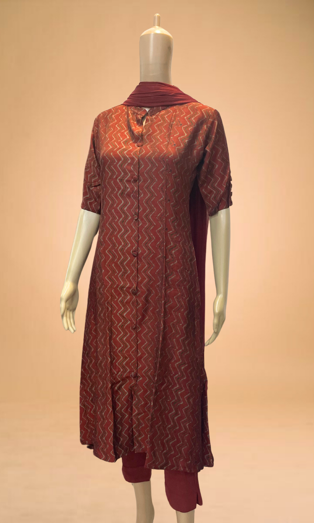 KS017 Brick Orange A-Line Muslin Kurti Set (3pc)
