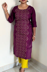 KS006 Embroidered Dark Purple Roman Silk Kurti Set (2 pc)