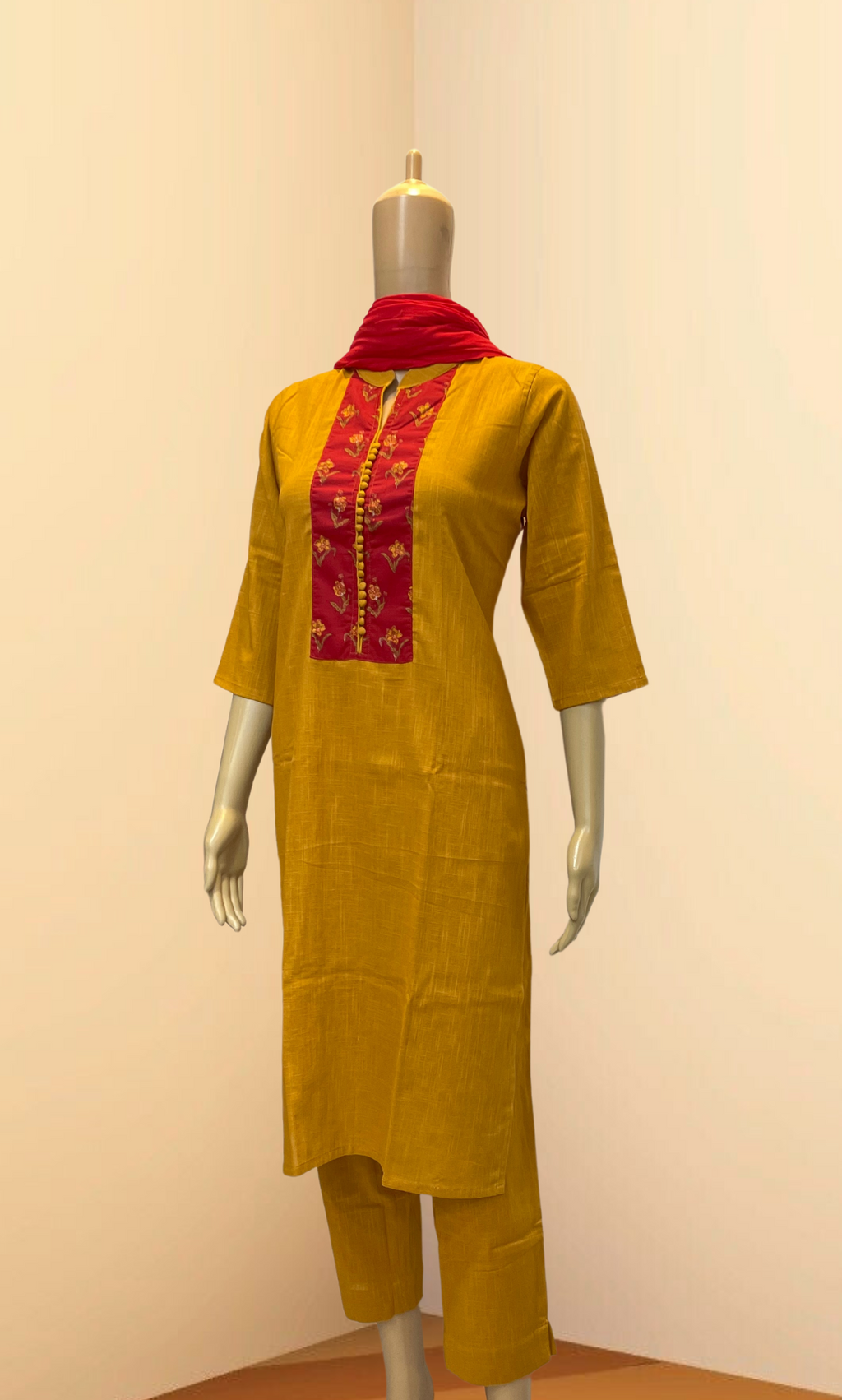 KS021 Mustard and Red Slub Cotton Kurti Set (3pc)