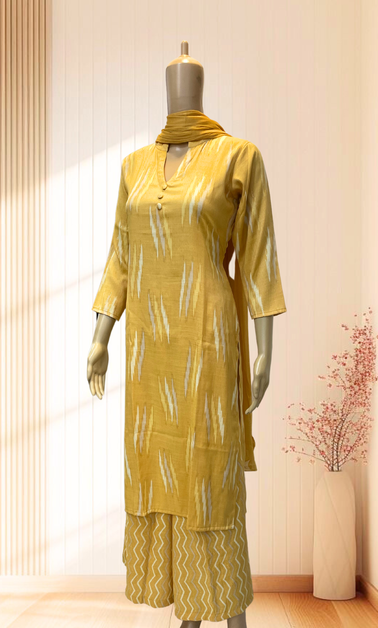 KS016 Yellow Modal Cotton Kurti Palazzo Set (3pc)