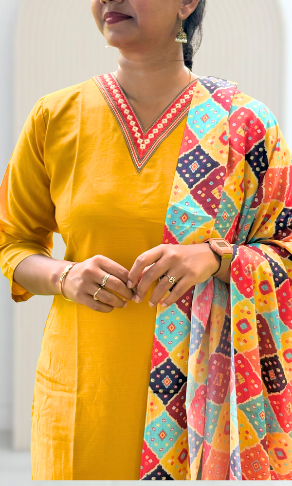 KS046 Premium Viscose Muslin Embroidered Mustard yellow Kurti Set (3pc)