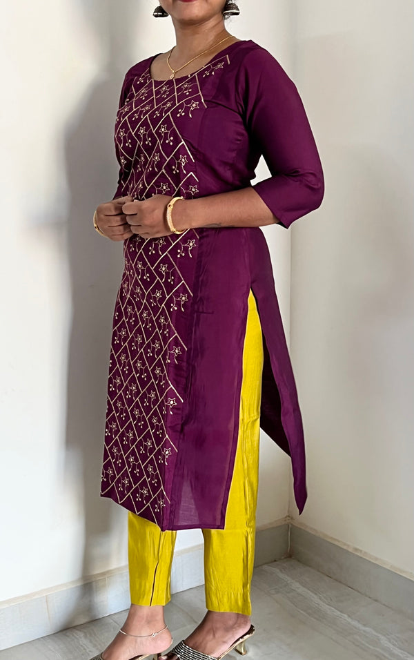 KS006 Embroidered Dark Purple Roman Silk Kurti Set (2 pc)