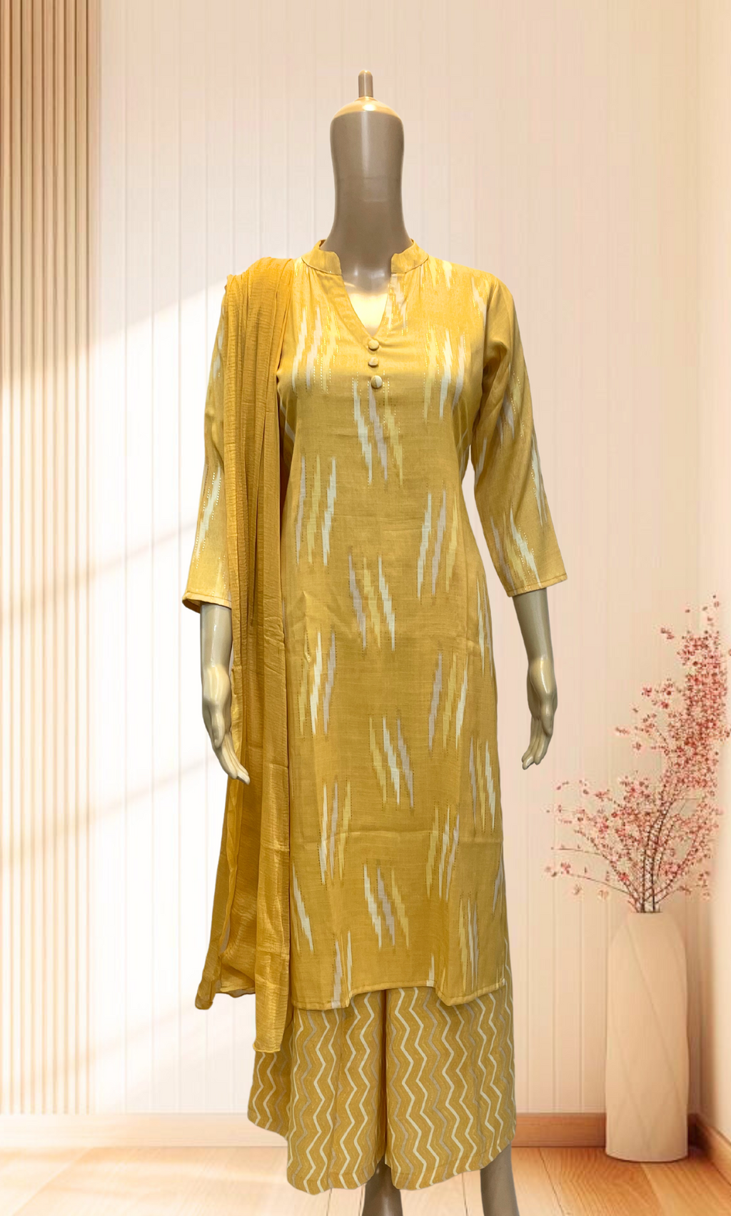KS016 Yellow Modal Cotton Kurti Palazzo Set (3pc)