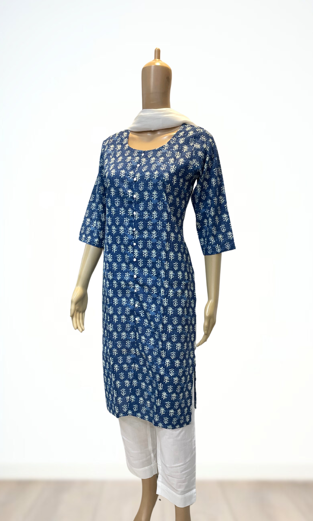 KS027 Indigo Blue Cotton Kurti Set (3pc)
