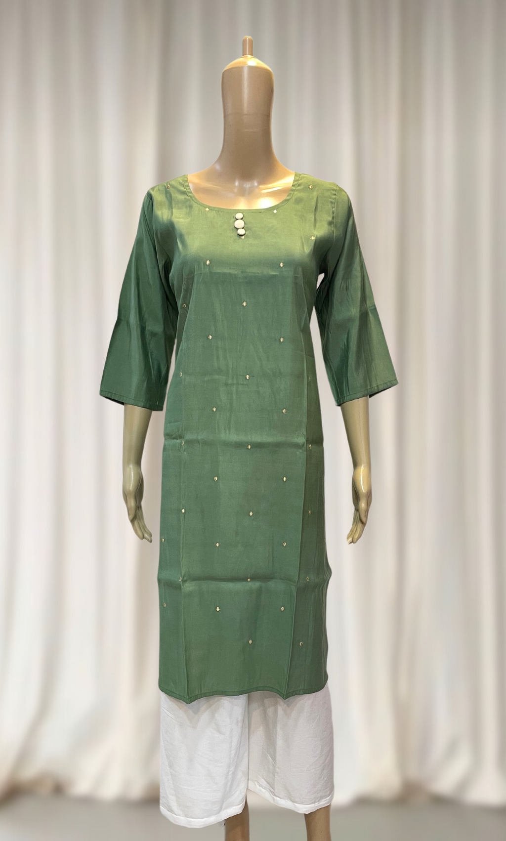 KC0030 Green Roman Silk Embroidered Kurti