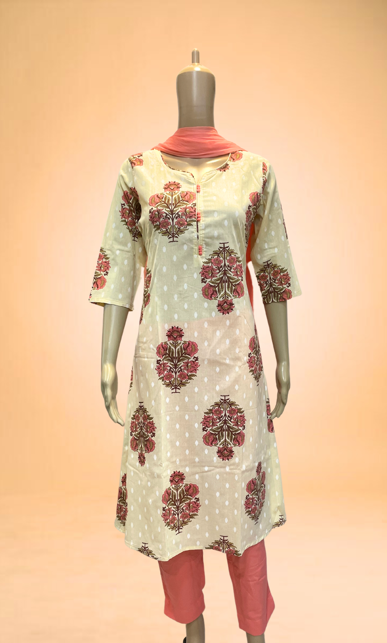 KS014 Half white Floral Motif Cotton Kurti Set (3pc)