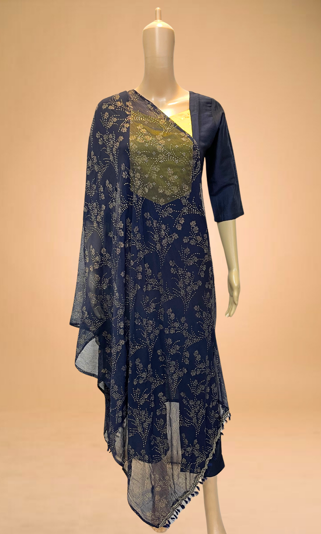 KS032 Navy Blue Slub Silk Kurti Set (3pc)