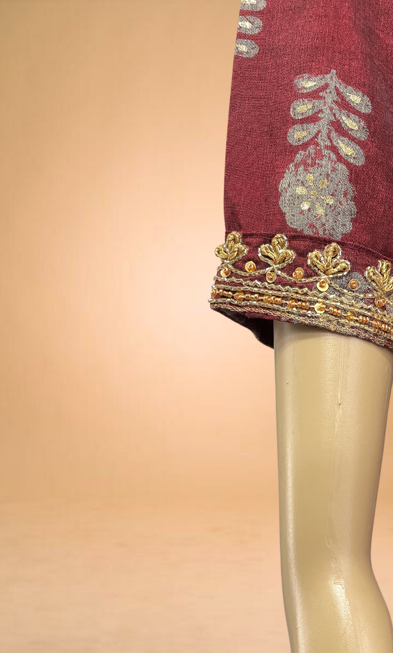 Embroidered Maroon Muslin Kurti Set (3pc)